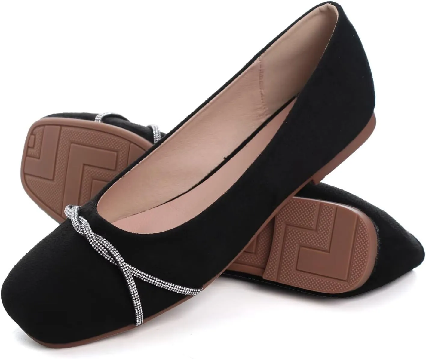 Hee grand Pointed Toe Ballet Flats for Women Suede Rhinestones Chains Black Dress Shoes Comfort Slip-On Loafers