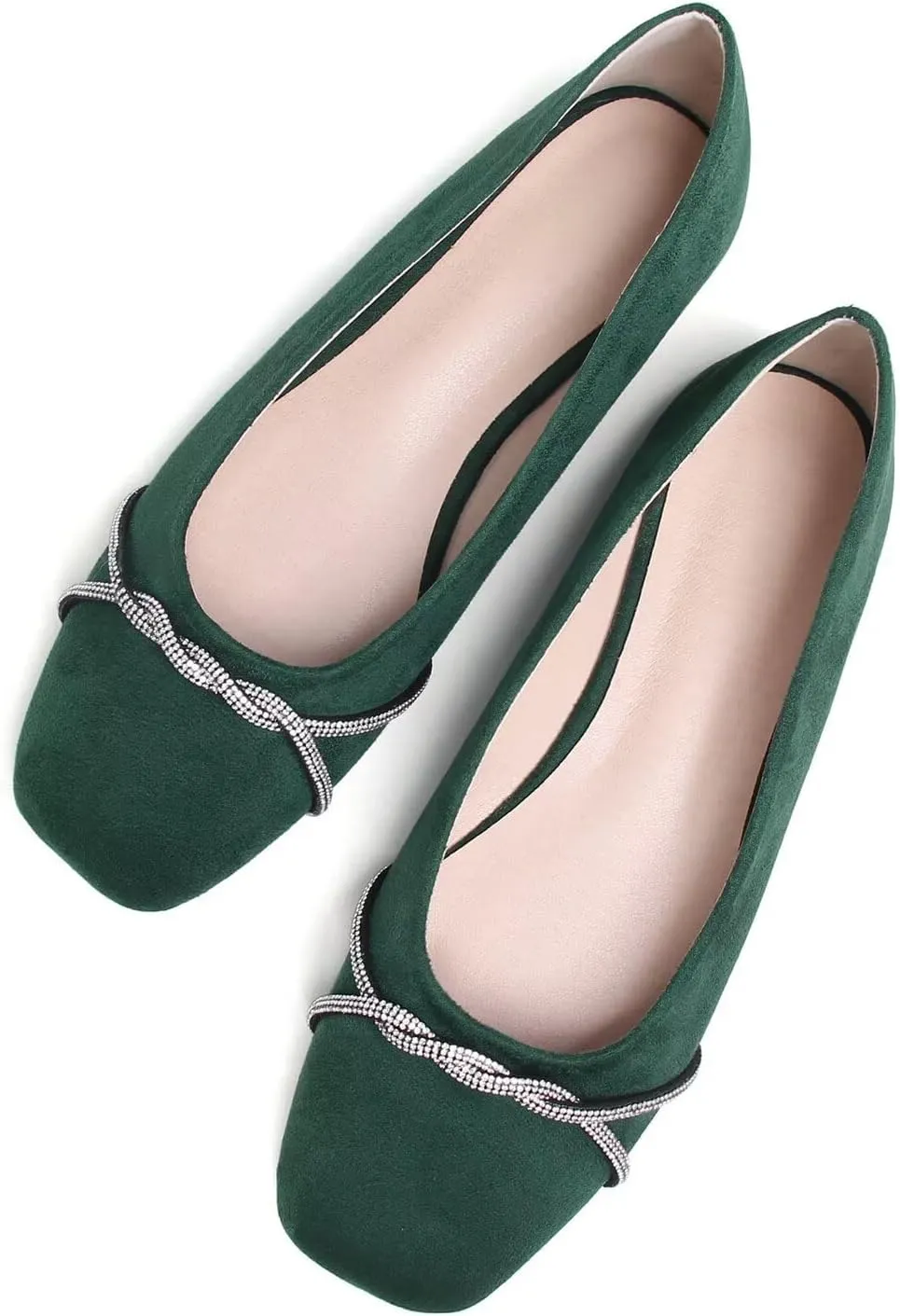 Hee grand Pointed Toe Ballet Flats for Women Suede Rhinestones Chains Black Dress Shoes Comfort Slip-On Loafers