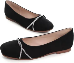 Hee grand Pointed Toe Ballet Flats for Women Suede Rhinestones Chains Black Dress Shoes Comfort Slip-On Loafers