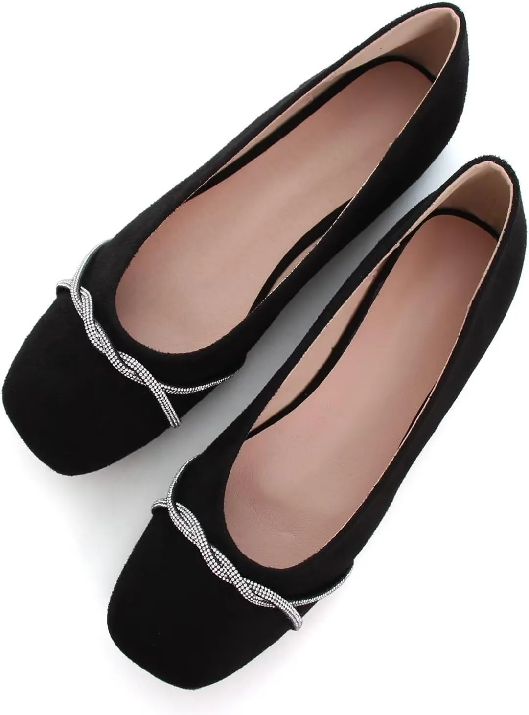 Hee grand Pointed Toe Ballet Flats for Women Suede Rhinestones Chains Black Dress Shoes Comfort Slip-On Loafers