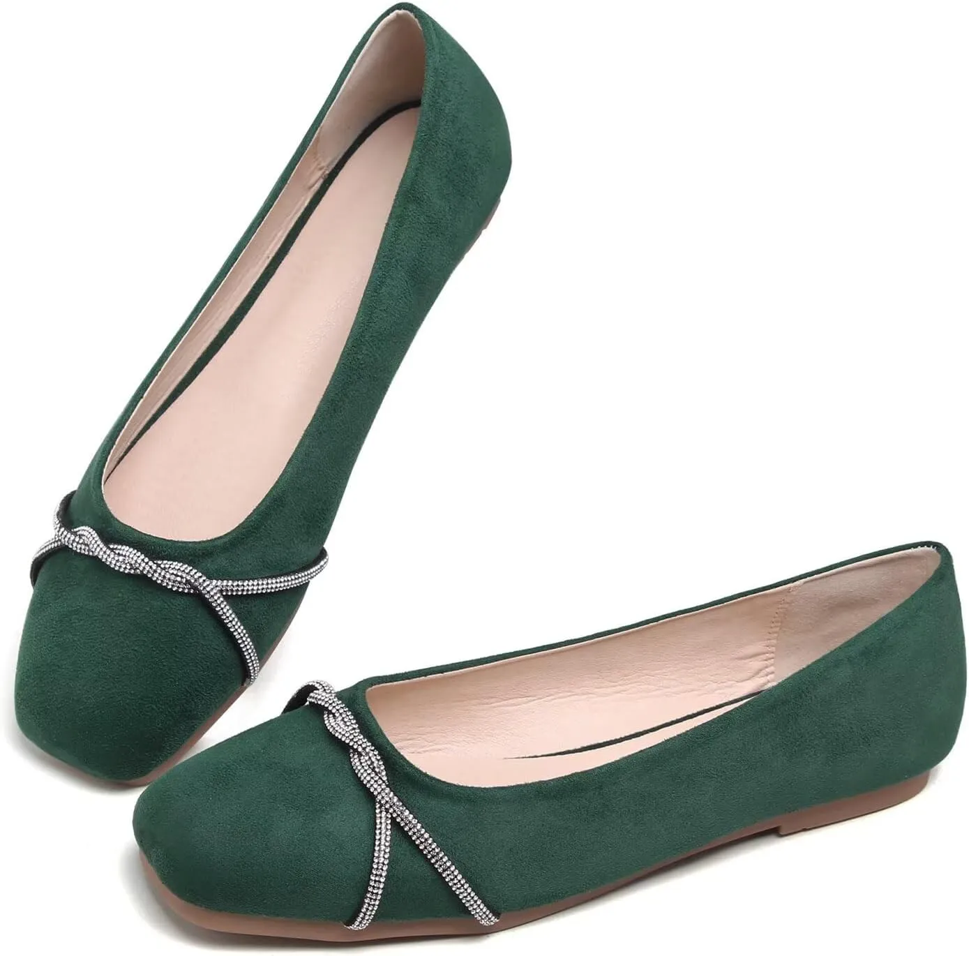 Hee grand Pointed Toe Ballet Flats for Women Suede Rhinestones Chains Black Dress Shoes Comfort Slip-On Loafers