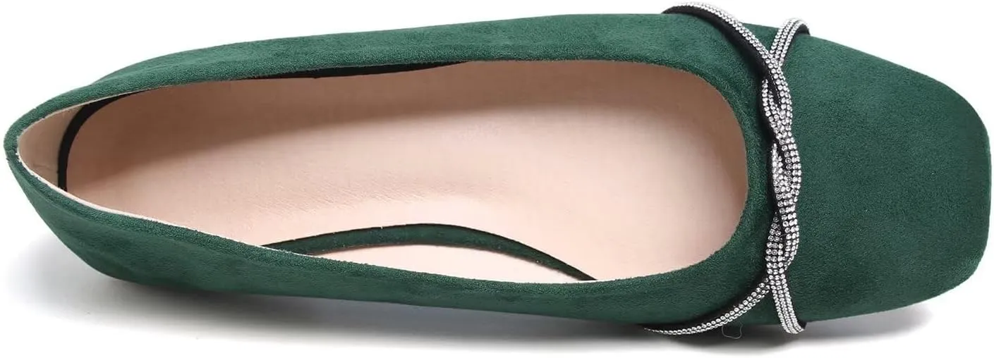 Hee grand Pointed Toe Ballet Flats for Women Suede Rhinestones Chains Black Dress Shoes Comfort Slip-On Loafers