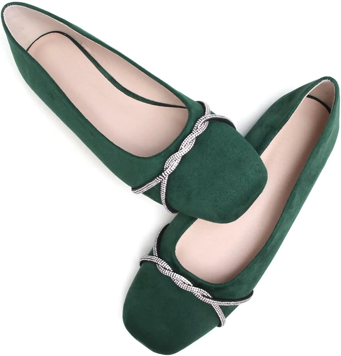 Hee grand Pointed Toe Ballet Flats for Women Suede Rhinestones Chains Black Dress Shoes Comfort Slip-On Loafers