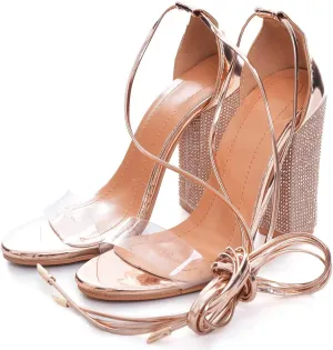 Hee grand Women's Rhinestone Heels Gladiator Ankle Strappy High Heel Sandals Open Toe Chunky Dress Shoes for Party