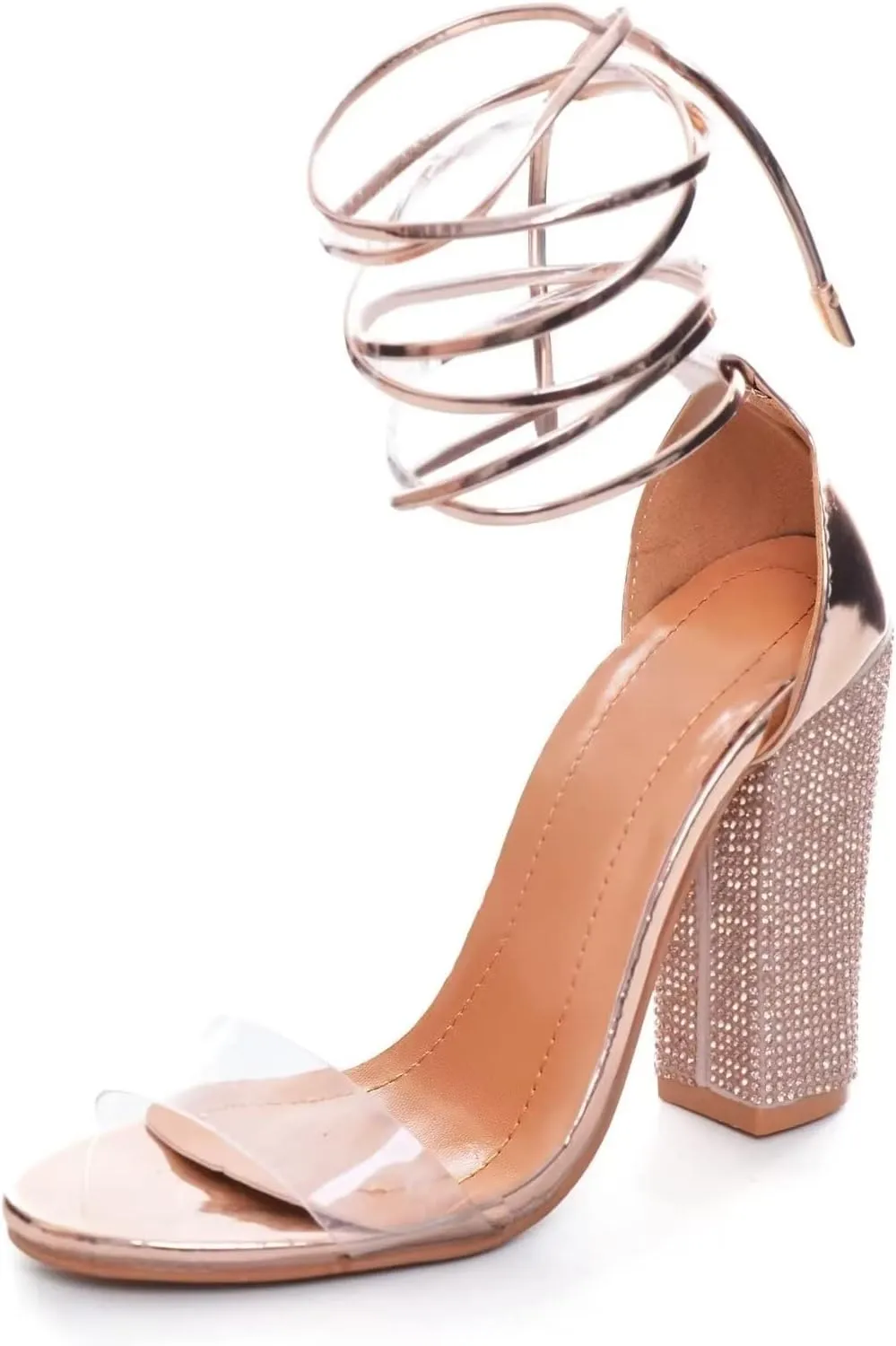 Hee grand Women's Rhinestone Heels Gladiator Ankle Strappy High Heel Sandals Open Toe Chunky Dress Shoes for Party