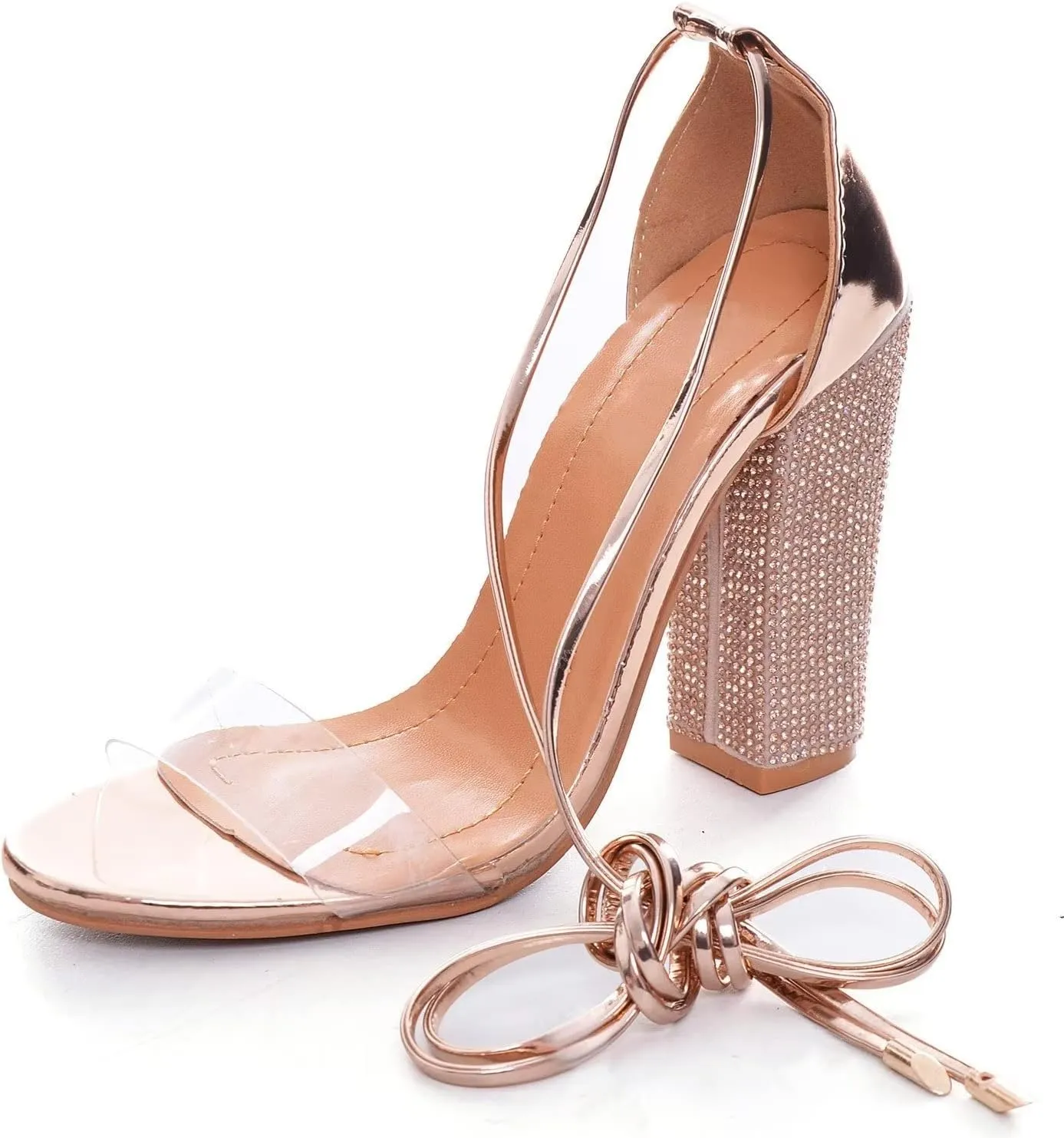 Hee grand Women's Rhinestone Heels Gladiator Ankle Strappy High Heel Sandals Open Toe Chunky Dress Shoes for Party