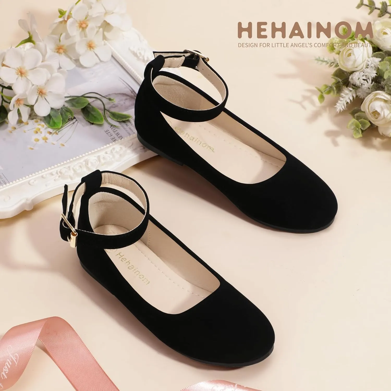 Hehainom Girls Dress Shoes Wedding Party School Ankle Strap Ballet Flats Shoes Little Big Kids Flower Girl Shoes