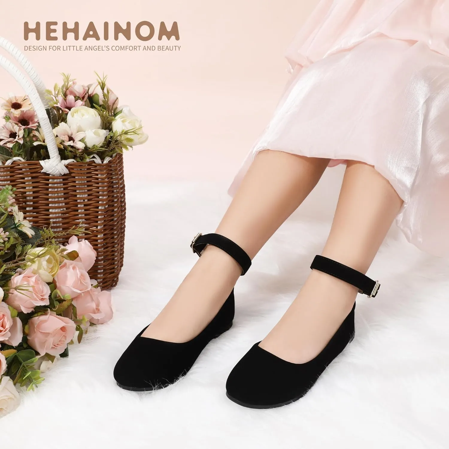 Hehainom Girls Dress Shoes Wedding Party School Ankle Strap Ballet Flats Shoes Little Big Kids Flower Girl Shoes