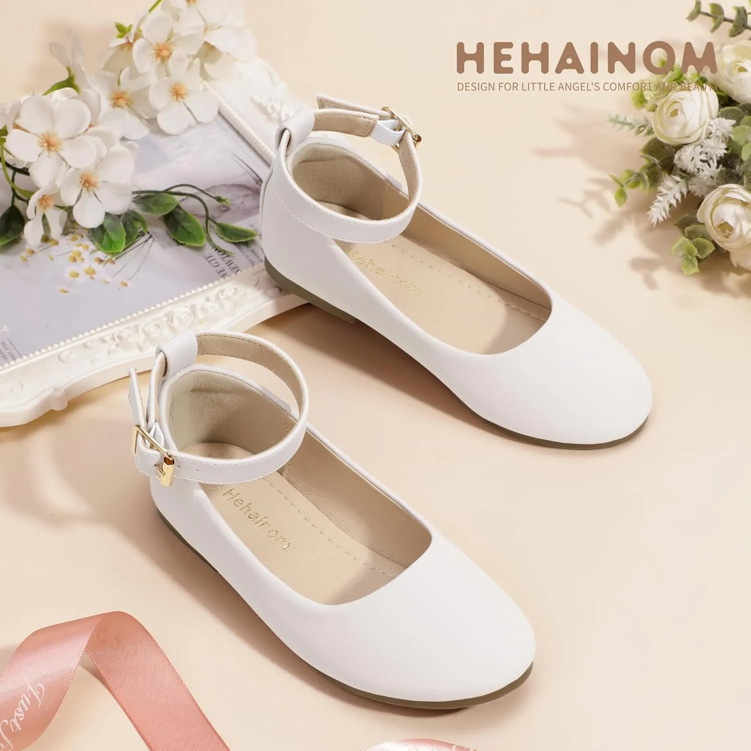 Hehainom Girls Dress Shoes Wedding Party School Ankle Strap Ballet Flats Shoes Little Big Kids Flower Girl Shoes