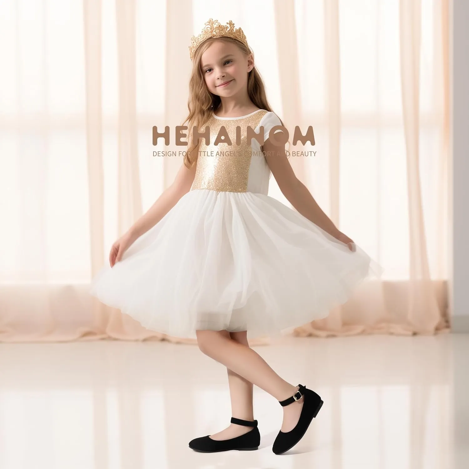 Hehainom Girls Dress Shoes Wedding Party School Ankle Strap Ballet Flats Shoes Little Big Kids Flower Girl Shoes