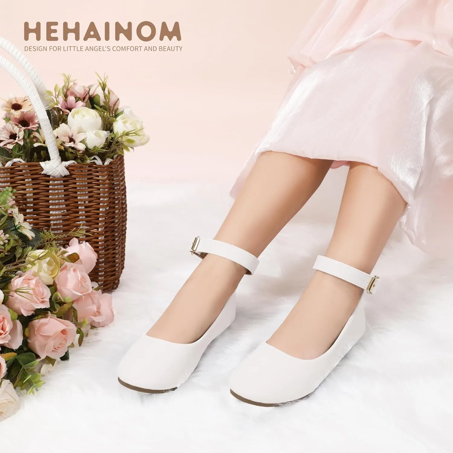 Hehainom Girls Dress Shoes Wedding Party School Ankle Strap Ballet Flats Shoes Little Big Kids Flower Girl Shoes