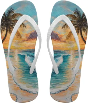 Howilath Hawaiian Style Print Flip Flops for Women Non-Slip Beach Slippers Casual Flats Thong Sandals for Indoor Outdoor
