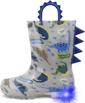 HugRain Toddler Boys Adorable Dinosaur Light Up Rain Boots