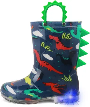 HugRain Toddler Boys Adorable Dinosaur Light Up Rain Boots