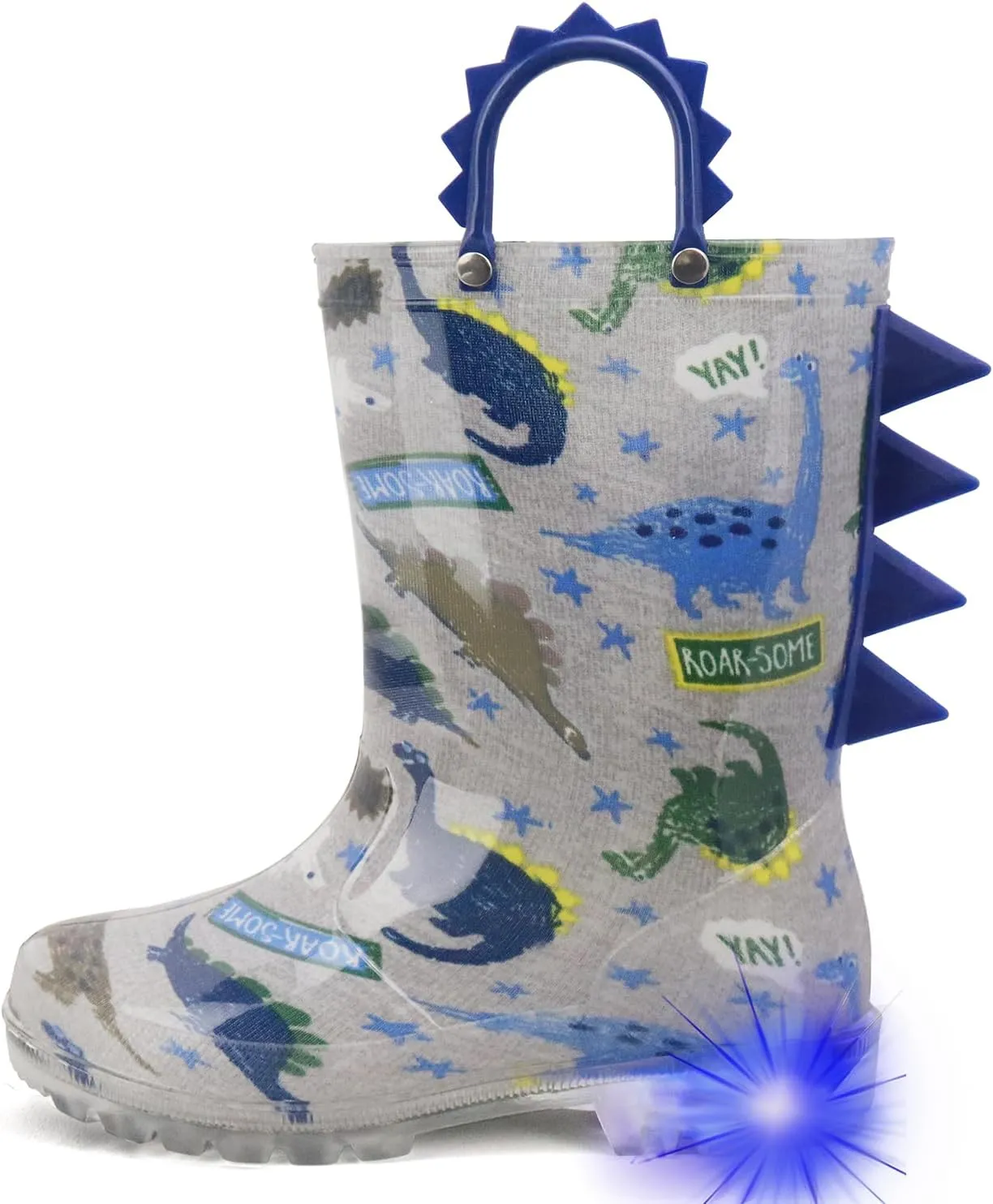 HugRain Toddler Boys Adorable Dinosaur Light Up Rain Boots