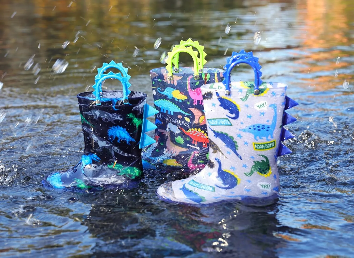 HugRain Toddler Boys Adorable Dinosaur Light Up Rain Boots
