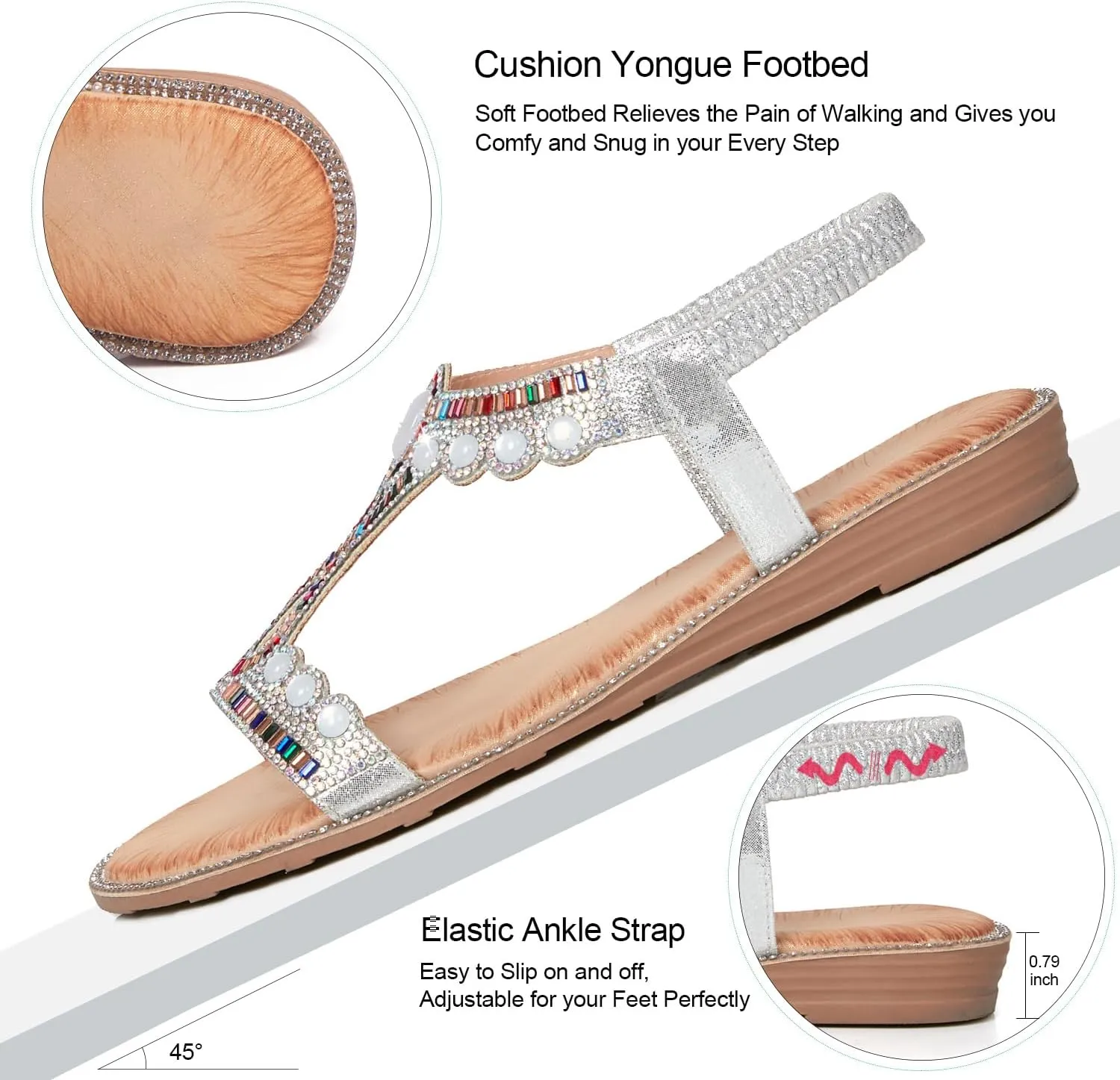 iCKER Women Rhinestone Sandals T-Strap Buckle Bohemian Pearl Crystal Flat Sandals