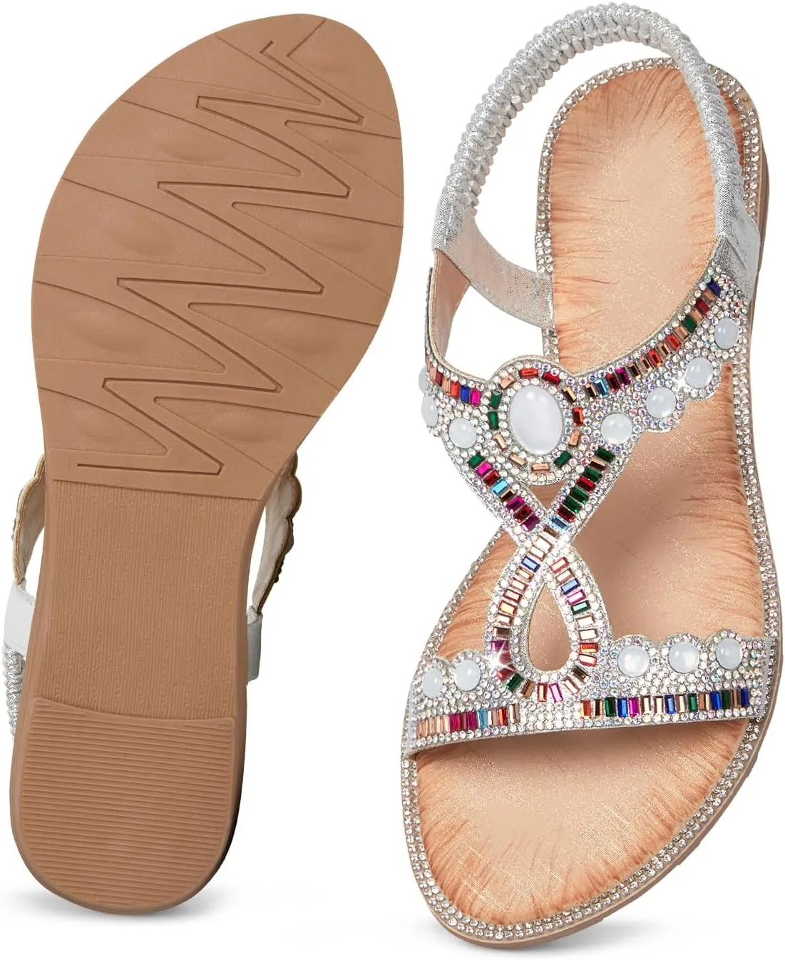 iCKER Women Rhinestone Sandals T-Strap Buckle Bohemian Pearl Crystal Flat Sandals