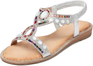 iCKER Women Rhinestone Sandals T-Strap Buckle Bohemian Pearl Crystal Flat Sandals