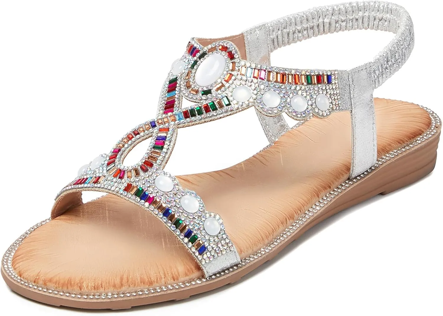 iCKER Women Rhinestone Sandals T-Strap Buckle Bohemian Pearl Crystal Flat Sandals