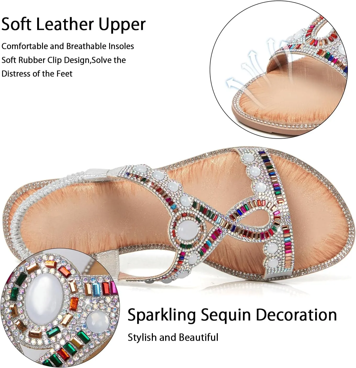 iCKER Women Rhinestone Sandals T-Strap Buckle Bohemian Pearl Crystal Flat Sandals