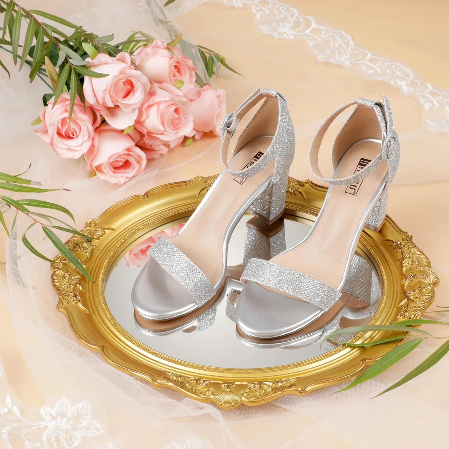 IDIFU Women's IN3 Amy Block Heel Dress Sandals Open Toe Wedding bridal Homecoming Shoes for Women Bride Bridesmaid Ladies with Round Buckle