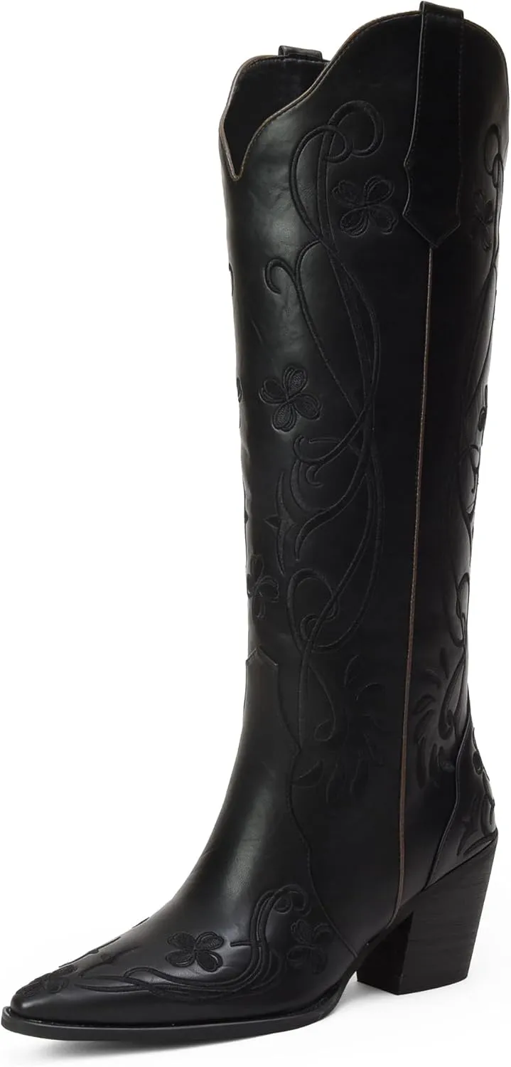 iiimmu Cowgirl Boots Women Knee High Vintage Cowboy Boots with Floral Embroidered Classic Pull On Design Western Footwear
