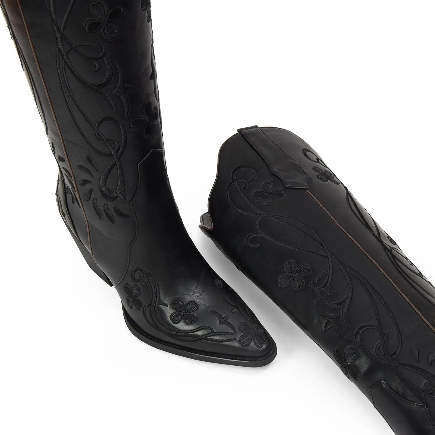 iiimmu Cowgirl Boots Women Knee High Vintage Cowboy Boots with Floral Embroidered Classic Pull On Design Western Footwear