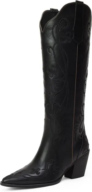 iiimmu Cowgirl Boots Women Knee High Vintage Cowboy Boots with Floral Embroidered Classic Pull On Design Western Footwear