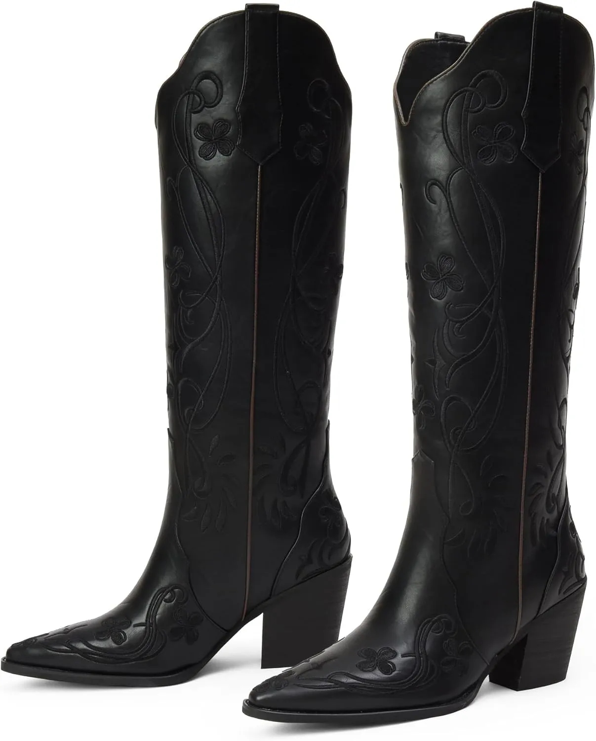 iiimmu Cowgirl Boots Women Knee High Vintage Cowboy Boots with Floral Embroidered Classic Pull On Design Western Footwear