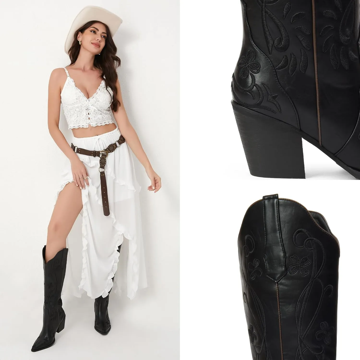 iiimmu Cowgirl Boots Women Knee High Vintage Cowboy Boots with Floral Embroidered Classic Pull On Design Western Footwear