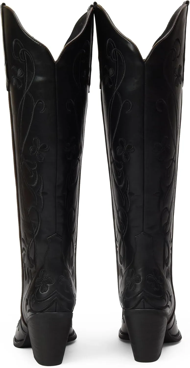 iiimmu Cowgirl Boots Women Knee High Vintage Cowboy Boots with Floral Embroidered Classic Pull On Design Western Footwear
