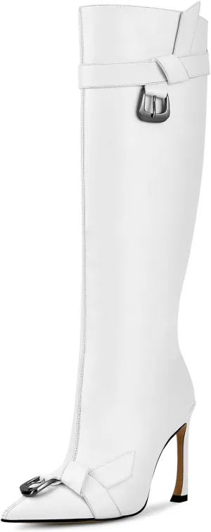ISNOM Knee High Boots Women Tall Boots Pointed Toe Stiletto High Heel Metal Buckle Side Zipper Wide Calf Long Boots for Women Sexy Fashion Party