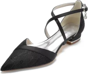 JOEupin Women's Pointed Toe Wedding Flats for Bride Low Heels Cross Ankle Strap Bridal Flats Evening Prom Party Dress Shoes Pumps