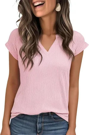 Jouica Women's Short Sleeve Dressy Tops V-Neck Textured Tops Cute Summer Tops 2025 Basic T-Shirts Work Blouses