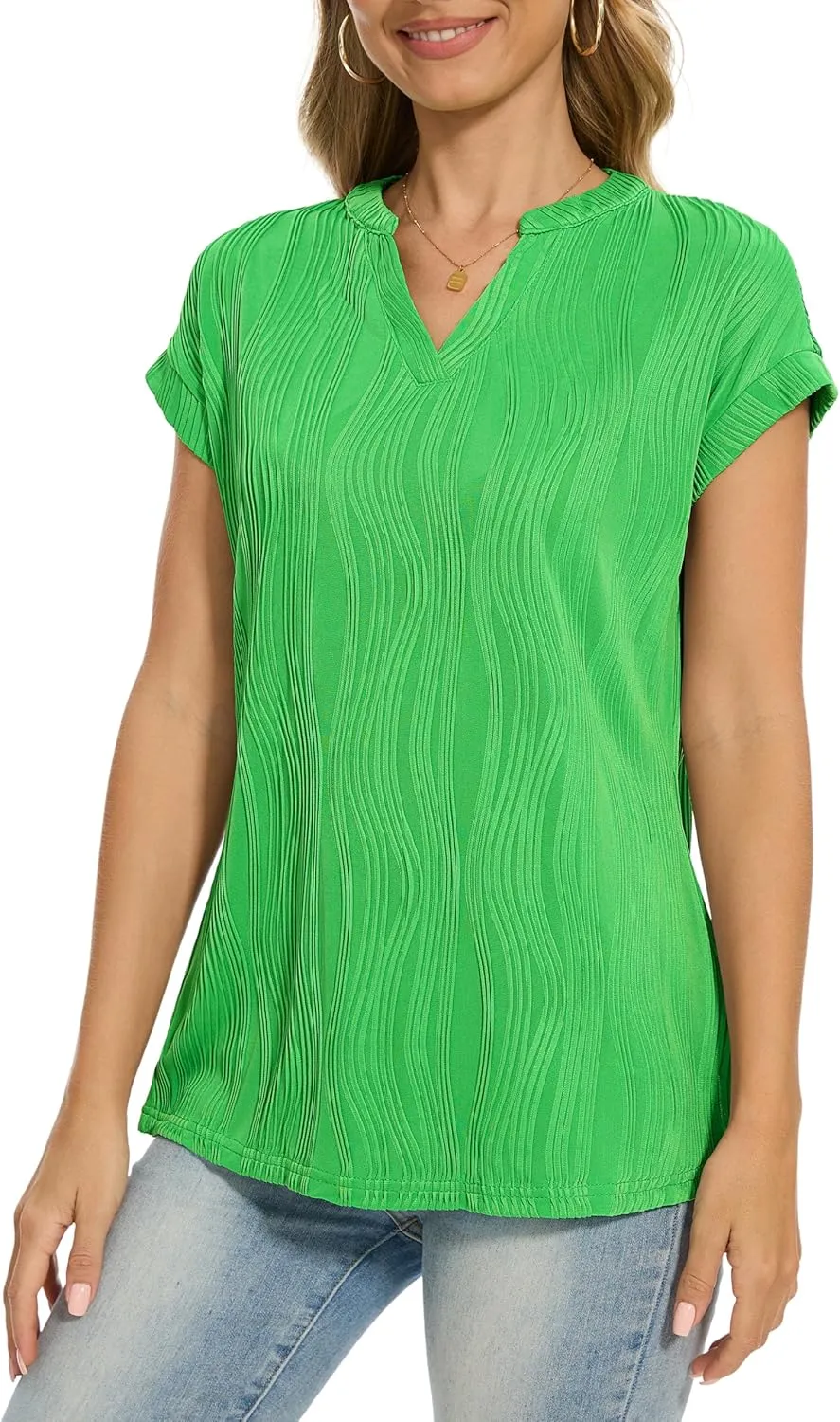 Jouica Women's Short Sleeve Dressy Tops V-Neck Textured Tops Cute Summer Tops 2025 Basic T-Shirts Work Blouses