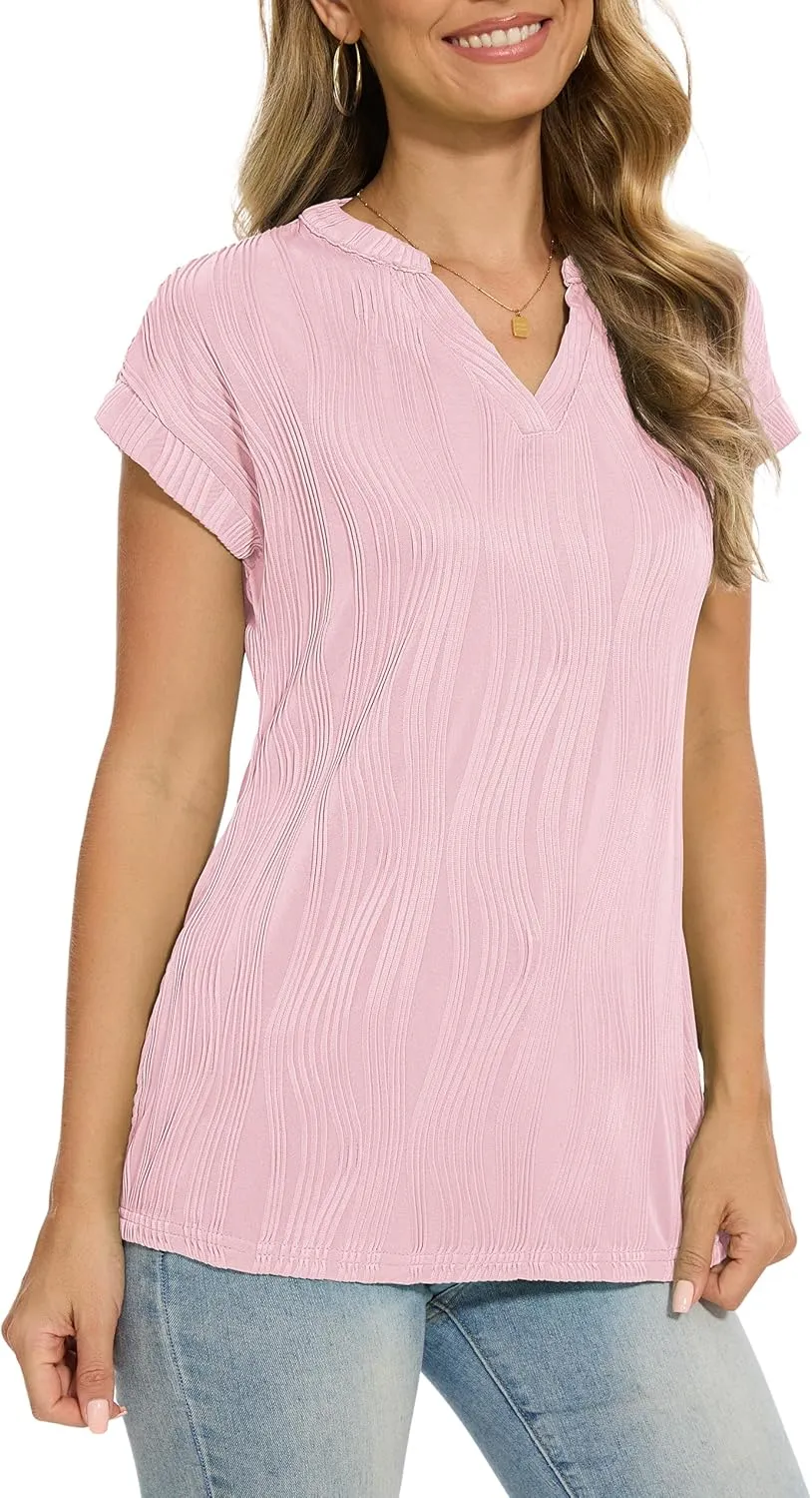 Jouica Women's Short Sleeve Dressy Tops V-Neck Textured Tops Cute Summer Tops 2025 Basic T-Shirts Work Blouses