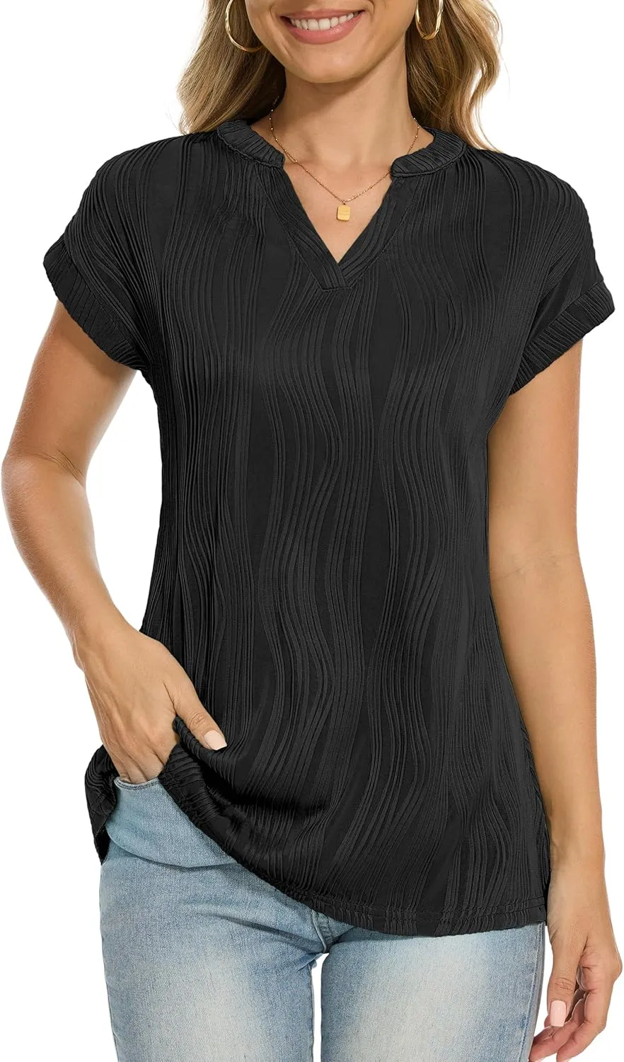 Jouica Women's Short Sleeve Dressy Tops V-Neck Textured Tops Cute Summer Tops 2025 Basic T-Shirts Work Blouses