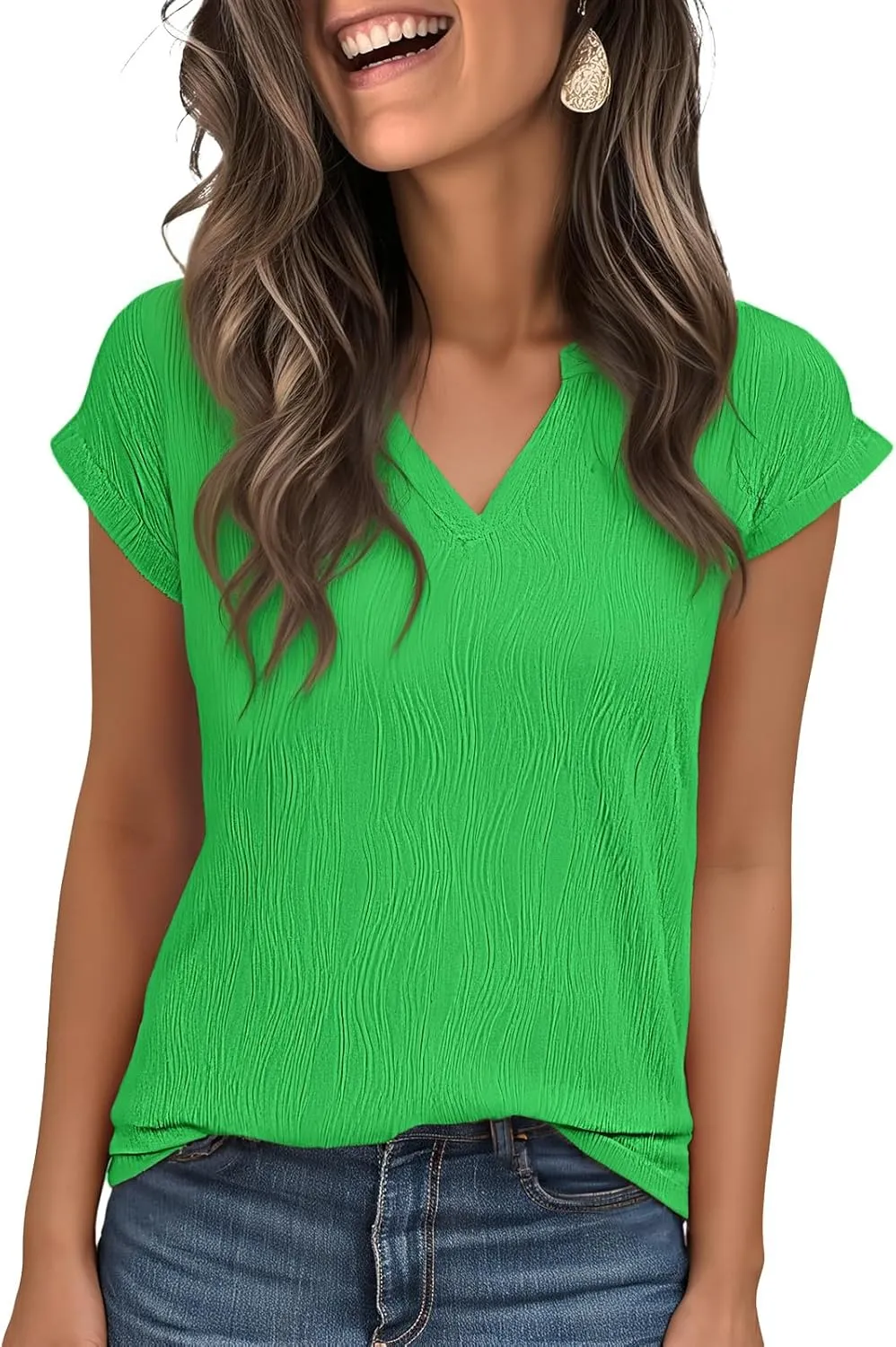 Jouica Women's Short Sleeve Dressy Tops V-Neck Textured Tops Cute Summer Tops 2025 Basic T-Shirts Work Blouses