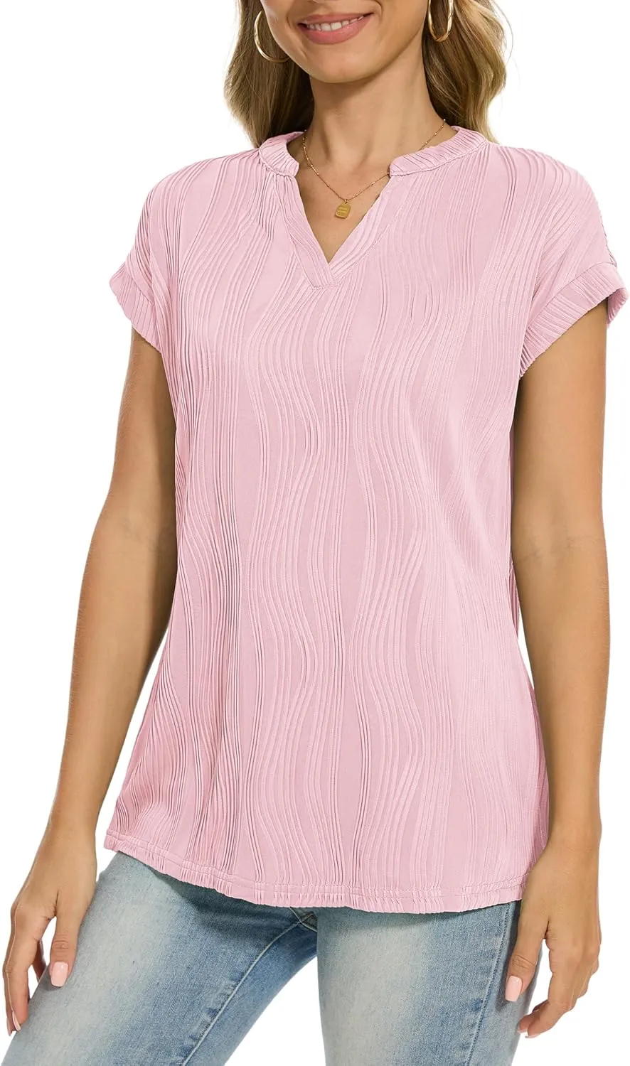 Jouica Women's Short Sleeve Dressy Tops V-Neck Textured Tops Cute Summer Tops 2025 Basic T-Shirts Work Blouses