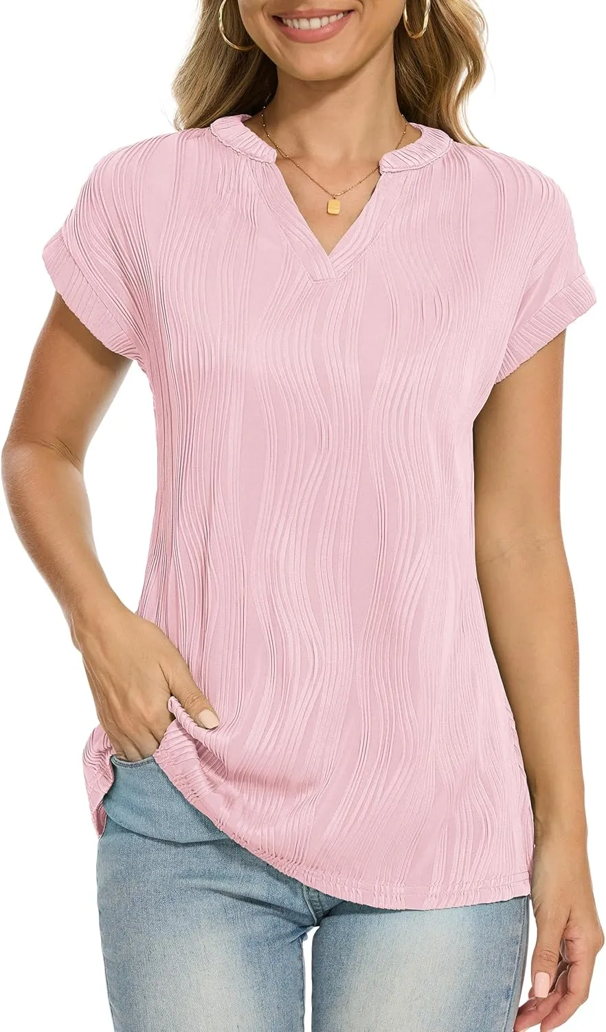 Jouica Women's Short Sleeve Dressy Tops V-Neck Textured Tops Cute Summer Tops 2025 Basic T-Shirts Work Blouses