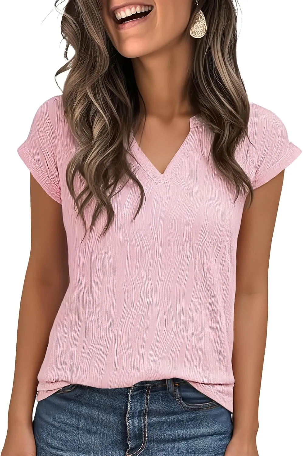 Jouica Women's Short Sleeve Dressy Tops V-Neck Textured Tops Cute Summer Tops 2025 Basic T-Shirts Work Blouses