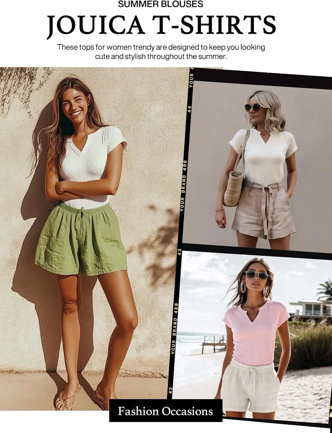 Jouica Women's Short Sleeve Dressy Tops V-Neck Textured Tops Cute Summer Tops 2025 Basic T-Shirts Work Blouses