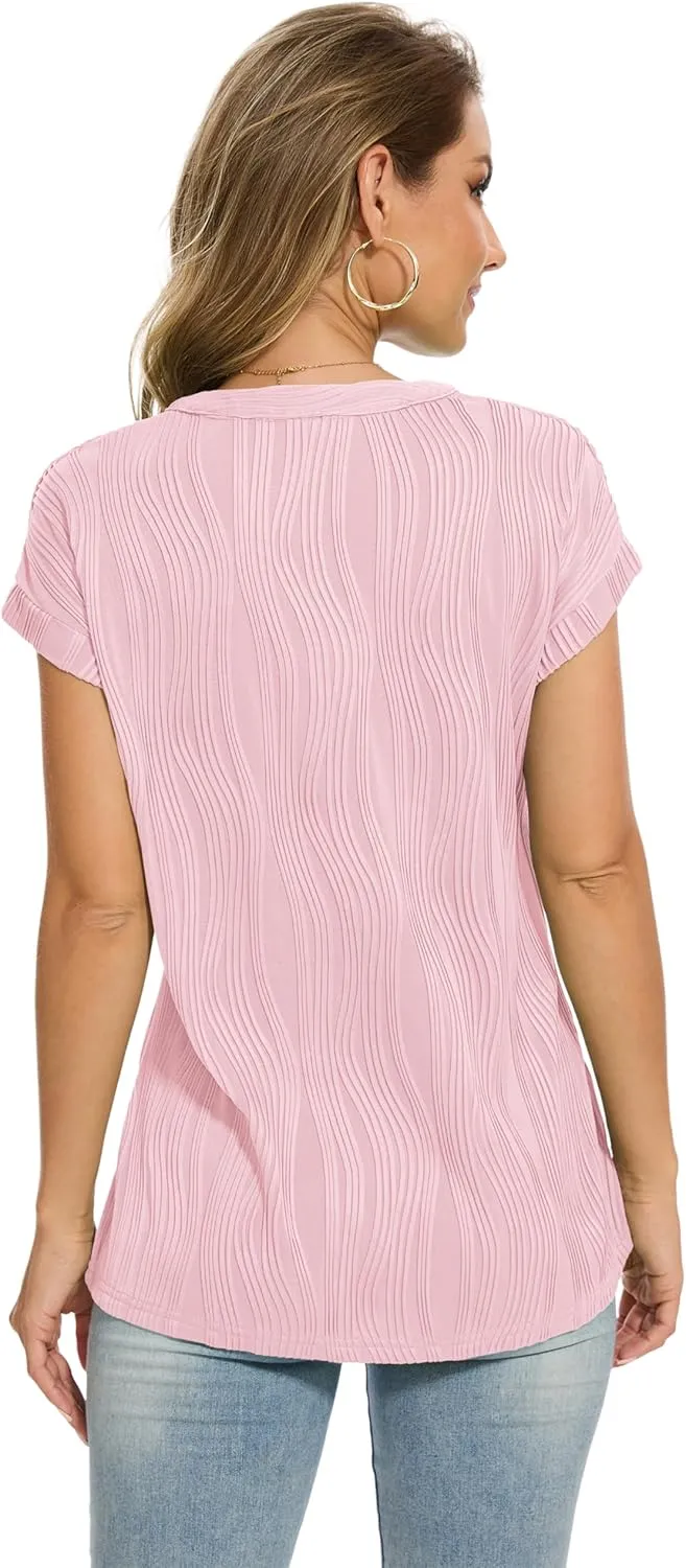 Jouica Women's Short Sleeve Dressy Tops V-Neck Textured Tops Cute Summer Tops 2025 Basic T-Shirts Work Blouses