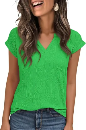Jouica Women's Short Sleeve Dressy Tops V-Neck Textured Tops Cute Summer Tops 2025 Basic T-Shirts Work Blouses