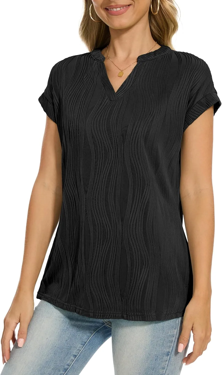 Jouica Women's Short Sleeve Dressy Tops V-Neck Textured Tops Cute Summer Tops 2025 Basic T-Shirts Work Blouses