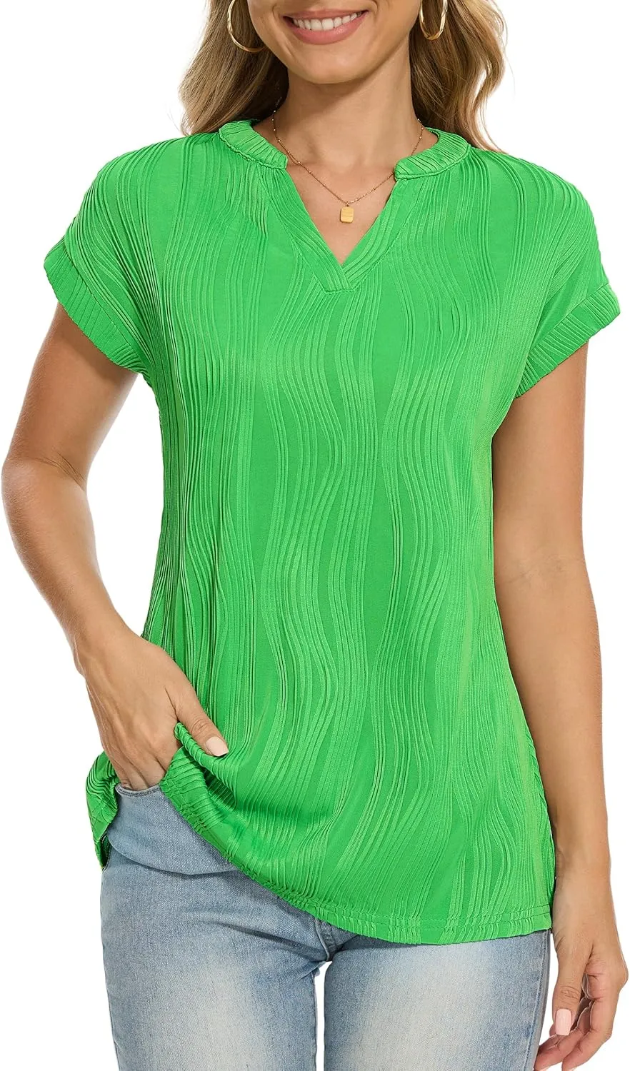Jouica Women's Short Sleeve Dressy Tops V-Neck Textured Tops Cute Summer Tops 2025 Basic T-Shirts Work Blouses