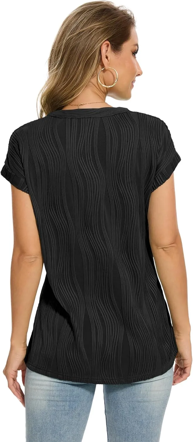 Jouica Women's Short Sleeve Dressy Tops V-Neck Textured Tops Cute Summer Tops 2025 Basic T-Shirts Work Blouses