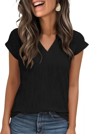 Jouica Women's Short Sleeve Dressy Tops V-Neck Textured Tops Cute Summer Tops 2025 Basic T-Shirts Work Blouses