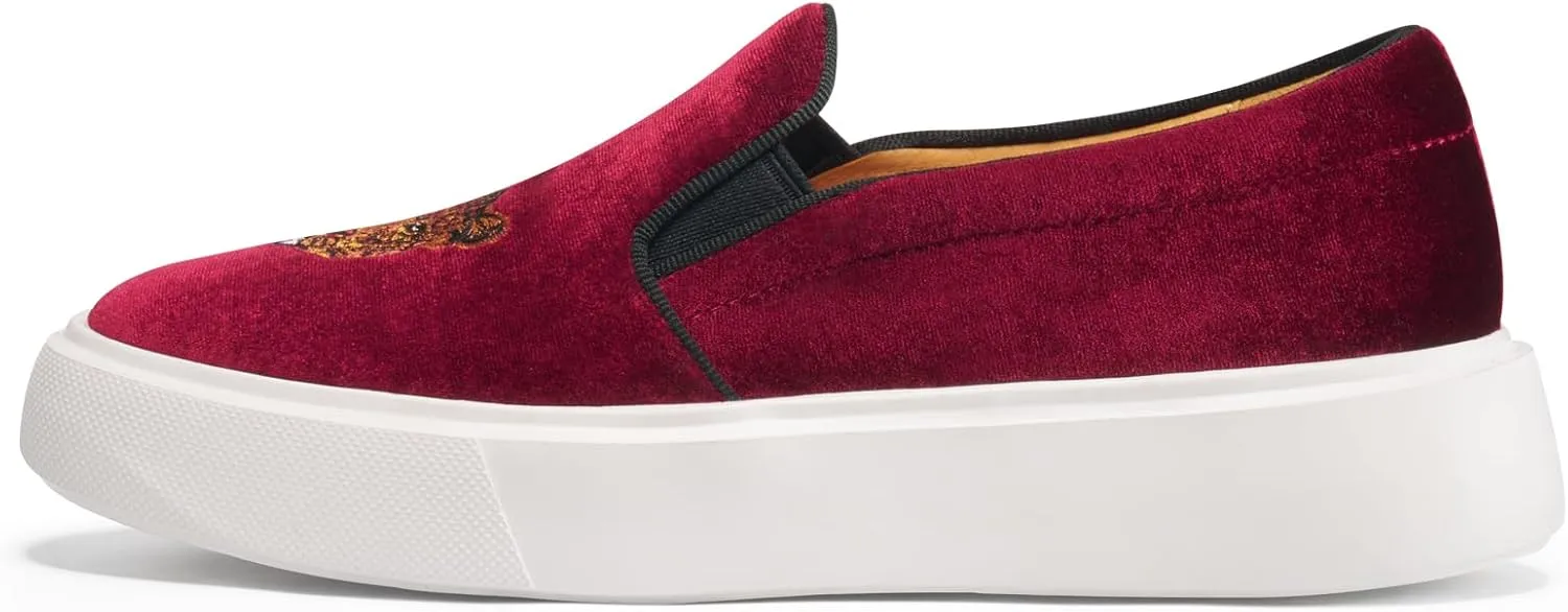 Journey West Women's Fashion Velvet Sneakers with Embroidery Comfortable Slip-On Work Shoes for Women